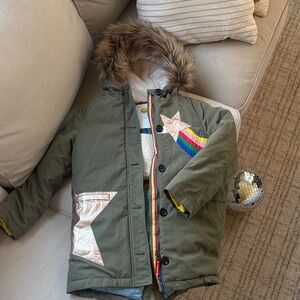 Boden Kids Green Coat with Fur Hood